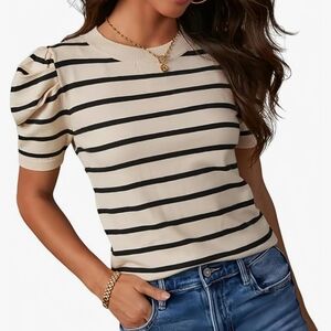 Cream and Black Fitted Puffed Shortsleeve Sweater